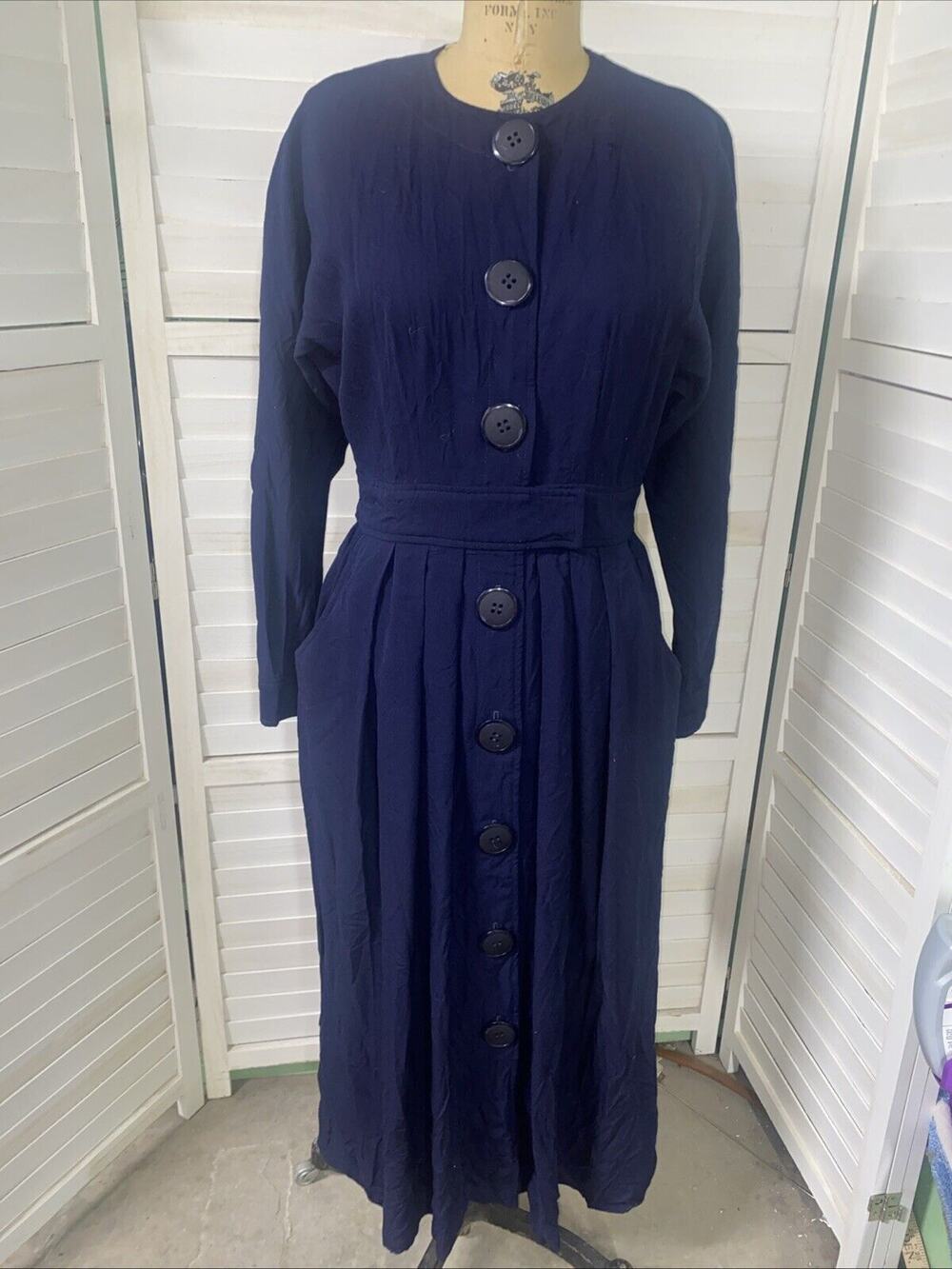 Chetta B 90s Does 50s A Line Dress Sz 8 Navy Blue Blue Pleated Skirt USA Made